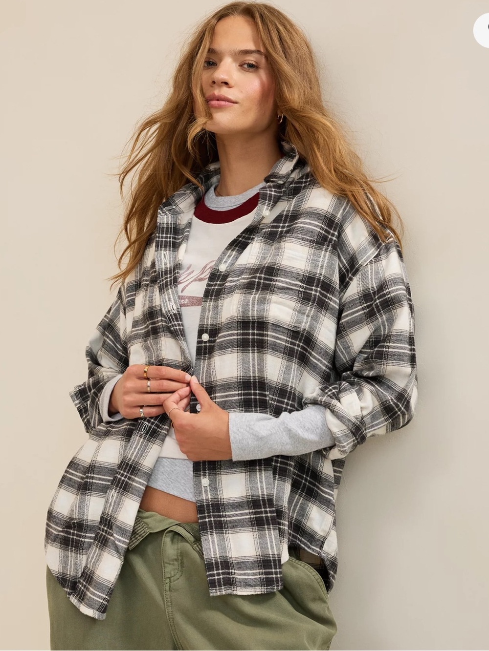 Aerie Black White Plaid Button Up Long Sleeve Shirt Flannel Cotton Size Medium